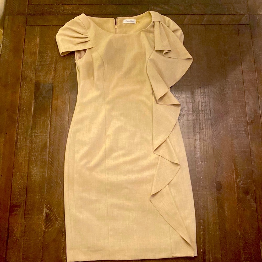 Calvin Klein classic business cocktail party tan dress with cap sleeve, ruffles